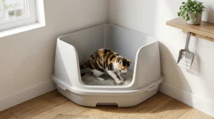 An illustration of a cat using a high-sided corner litter box designed to prevent litter scatter and urine leaks.