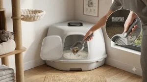 A step-by-step illustration showing a hand using a plastic scoop to easily clean a triangular corner litter box.