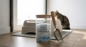 An informational step-by-step cleaning graphic highlighting daily scooping, deep washing, and applying a cat litter deodorizer for long-lasting freshness.