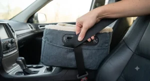 Step-by-step installation showing standard seatbelt straps routing through the back of a cat car seat.