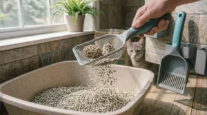 Step-by-step illustration showing the correct angle to use a cat litter scoop to lift heavy clumps without breaking them.