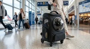 A large black cat backpack carrier with rolling wheels and a telescoping handle being rolled through a US airport terminal.