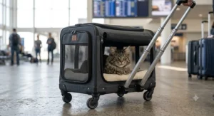 A spacious, heavy-duty large cat carrier equipped with rolling wheels and an adjustable telescoping handle.