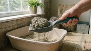 A large capacity cat litter scoop with high sides designed for quick multi-cat litter box cleaning.