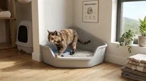 A close-up, high-definition photograph of a low-entry corner litter box with a senior cat stepping inside, highlighting easy access.