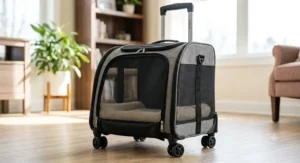 Breathable rolling cat carrier featuring mesh ventilation panels and sturdy wheels.