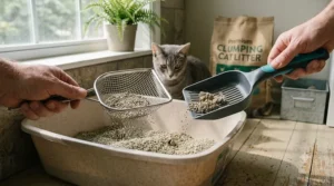 A side-by-side comparison illustration of a heavy-duty metal cat litter scoop and a lightweight plastic scoop.