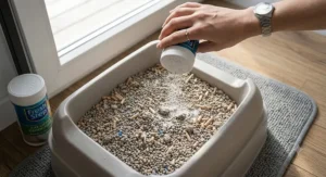 A split illustration comparing natural odor-absorbing ingredients like activated charcoal pellets and baking soda powder used to neutralize pet box odors.