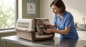 A veterinarian examining a nervous cat sitting calmly inside a open-top carrier.