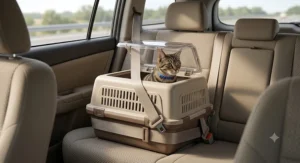 A cat carrier for nervous cats buckled securely into a car back seat for road trips.