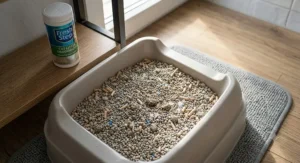 An illustration showcasing an unpleasant odor cloud rising from an unkept litter pan, highlighting the need for effective waste odor control.