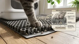 An illustration highlighting the soft EVA foam material of a gentle cat litter mat that is comfortable on sensitive kitty paws.
