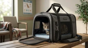 Illustration of a soft-sided cat carrier with mesh windows for nervous cats on vet trips.