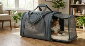 Soft-sided expandable cat carrier for large cats featuring breathable mesh windows and a washable fleece lining