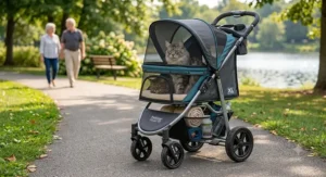 An illustration of a heavy-duty large cat stroller designed to accommodate big breeds or senior cats with mobility needs