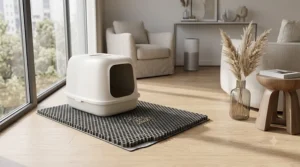 A stylish and minimalist cat litter mat that seamlessly blends into a modern home decor setup.