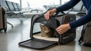 Top-loading airline approved cat carrier being opened to easily place a pet inside.