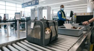 A cat inside a TSA approved travel carrier at an airport security checkpoint.