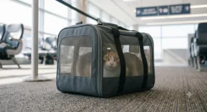 Breathable airline approved cat carrier with mesh ventilation windows on three sides.
