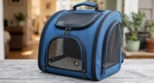 A close-up illustration of a blue cat backpack carrier showing multiple breathable mesh panels and sturdy zippers.