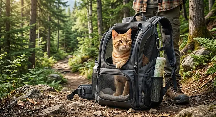 An orange tabby cat sitting inside a breathable mesh cat backpack carrier on a hiking trail. soft-sided cat carrier
