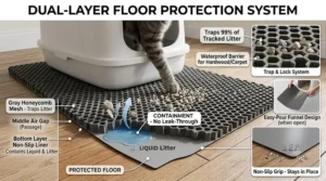 An explanatory graphic highlighting the urine-proof and waterproof bottom layer of a cat litter mat protecting hardwood flooring.