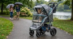 An illustration of a weatherproof cat stroller with a clear protective canopy and breathable mesh ventilation windows
