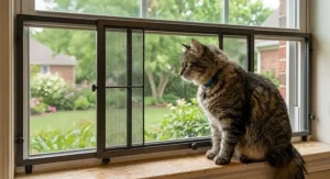 An adjustable metal frame cat window screen guard designed to keep pets safely indoors.