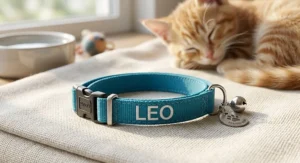 Small adjustable personalized cat collar designed for kittens with lightweight custom name lettering.