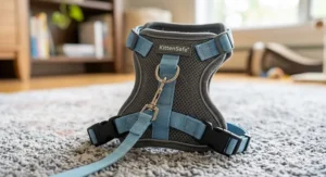 Close-up of an adjustable vest harness for kittens with secure dual buckle closures.