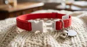 Close-up of a quick-release breakaway buckle on a red cat collar with bell for safety
