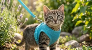 Padded breathable mesh harness for kittens with a matching leash for outdoor walks.