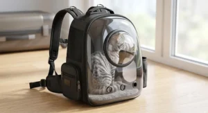 Illustration of a ventilated cat backpack carrier with a clear bubble window for sightseeing.