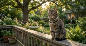 Outdoor domestic cat sitting in a backyard wearing a collar with bell to alert songbirds