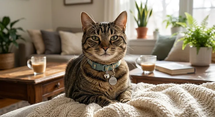 Tabby cat wearing an adjustable nylon cat collar with a small silver bell in a cozy living room