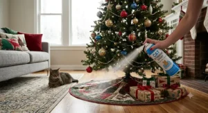 Holiday setup showing cat deterrent spray applied around a decorated Christmas tree base