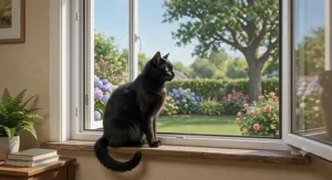 Black cat enjoying fresh air while sitting safely behind a secure cat window screen.