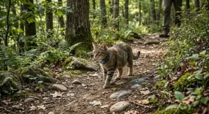 A small cat hiking on an outdoor nature trail equipped with an active GPS cat collar.