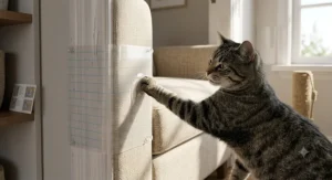 Tabby cat attempting to scratch an armchair and turning away due to the sticky surface of cat scratch tape