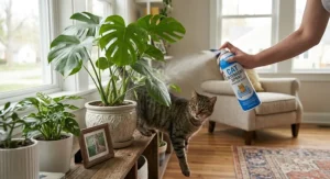 Houseplant leaves being sprayed with cat deterrent spray to stop indoor cats from chewing plants