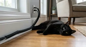 Playful black cat resting next to wall cables secured with a flexible cord protector for cats