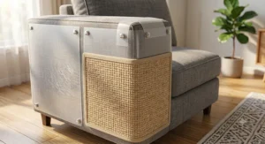 Illustration of a cat scratch furniture protector pad with a hanging sisal mat on a couch corner.
