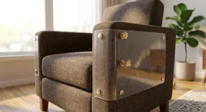 Illustration demonstrating twist pins securing a clear cat scratch furniture protector to an armchair.