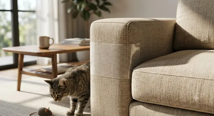 Clear cat scratch tape applied to the fabric corner of a living room couch to protect furniture