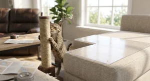 Indoor cat choosing a rope scratching post instead of a sofa guarded by cat scratch tape