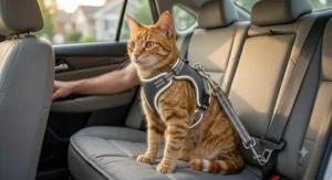 Illustration of a cat sitting safely in a vehicle wearing a cushioned vest harness attached to a car seatbelt clip.
