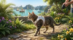 Cat wearing a padded reflective harness while walking outdoors on a leash.