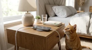 Clear wire cover cord protector for cats protecting an iPhone charging cable on a nightstand