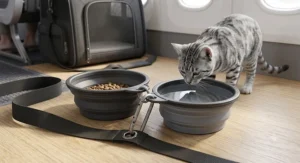Illustration of collapsible silicone cat travel bowls for food and water with a carabiner clip.