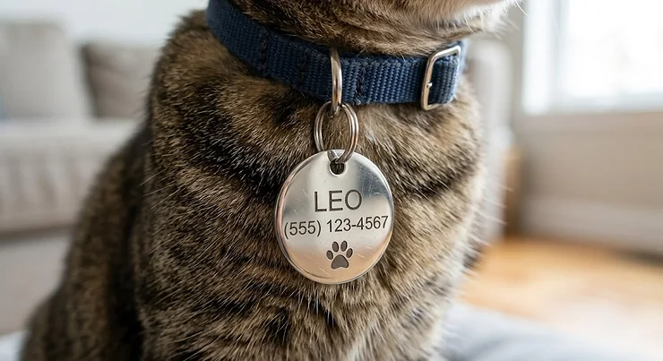 Custom engraved stainless steel cat ID tag with pet name and phone number attached to a collar